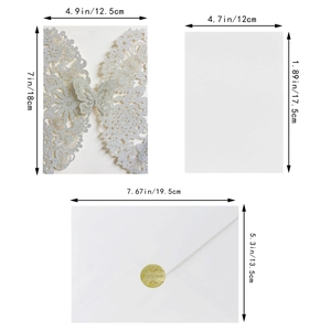 Silver glitter laser cut butterfly invitation set with white insert and wax seal envelope