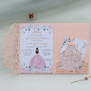 Detail of pink laser-cut rose invitation with Quinceañera girl illustration and floral card