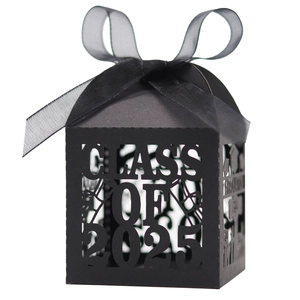 Class of 2025 black laser-cut graduation party candy boxes with silk ribbon