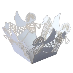 Detailed laser-cut white cupcake wrapper featuring a hollow angel design for party decor