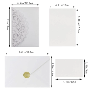 Detailed laser-cut hollow wedding invitation set with dimensions and components displayed