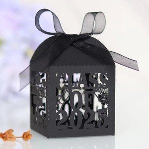 Class of 2025 black laser cut graduation candy box with elegant ribbon bow decoration