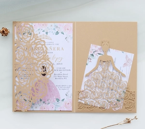 Detailed laser-cut rose hollow invitation card with elegant girl silhouette and floral inlay