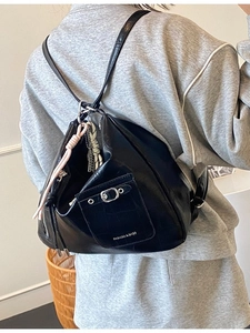 Black crocodile texture tote bag with fashion buckle and decorative ribbon backpack