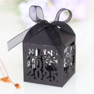 Laser-cut black Class of 2025 graduation gift box with ribbon for party celebration