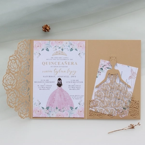 Laser-cut hollow rose design for Quinceañera invitations with elegant golden lace cover
