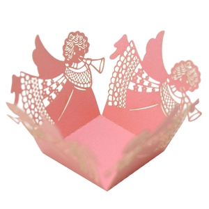 Pink laser-cut candy box featuring angel design with intricate hollow patterns