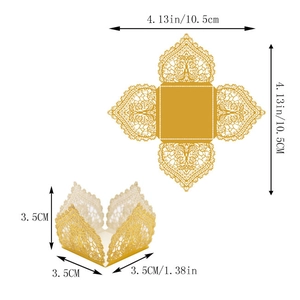 Flat lay and 3D view of gold laser-cut candy box showing dimensions for wedding party decor
