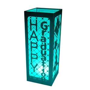 Black laser-cut graduation lantern with blue light and HAPPY Graduation cutout
