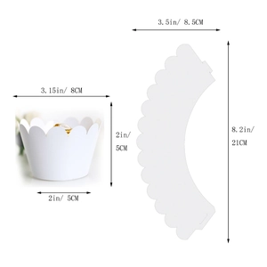 Laser-cut white cupcake wrappers with dimensions 8x5cm showing assembly and flat layout