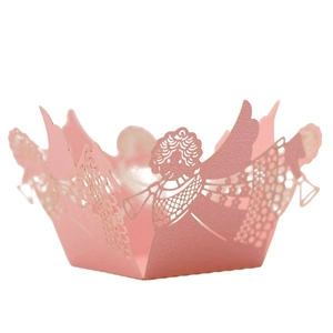 Pink laser-cut cupcake wrappers with angel motif for wedding party table decorations