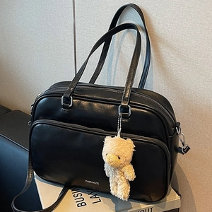 Black PU large pillow tote bag with front zipper pocket and cute plush bear charm