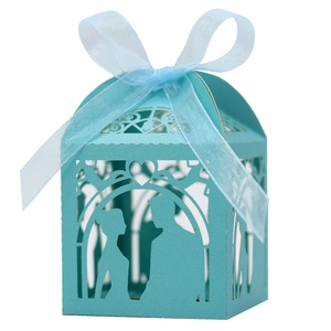 Laser-cut Tiffany blue wedding favor box with bride groom silhouette and ribbon