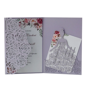 Detailed laser cut purple rose wedding invitation set with elegant floral cards