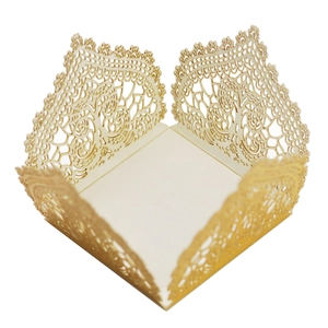 Detailed laser-cut hollow lace pattern on elegant pearlescent paper favor box