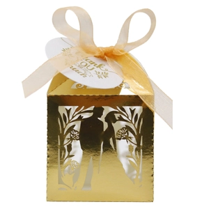 Détail de la boîte cadeau dorée avec silhouette découpée au laser et ruban de soie