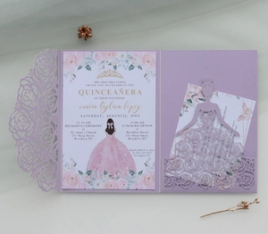Intricate laser-cut lilac rose invitation cover with floral Quinceañera inner card