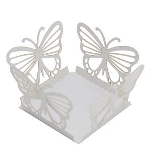 Close-up of laser-cut butterfly hollow pattern on white wedding favor candy box
