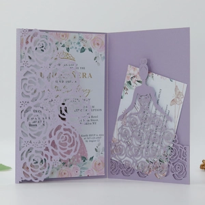 Intricate laser-cut purple floral invitation cover with rose patterns and elegant girl silhouette