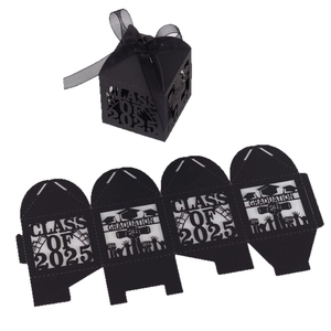 Laser-cut black Graduation 2025 candy boxes with silhouette and ribbons for party favors