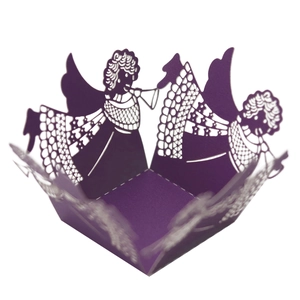 Detailed laser-cut purple cupcake wrapper featuring an intricate angel design for party decor