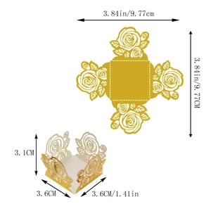 Détail macro de boîte cadeau rose découpée au laser avec dimensions et guide de montage