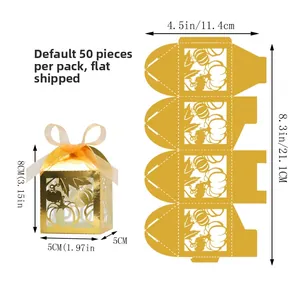 Flat-pack golden laser-cut pumpkin favor box with ribbon detail and 5x5x8cm size specs