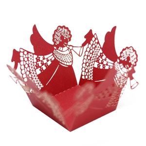 Detailed laser-cut red paper cupcake wrapper featuring an angelic motif for party decor