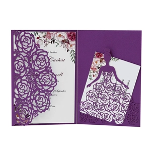 Purple laser cut wedding invitation with floral insert and intricate hollow rose design