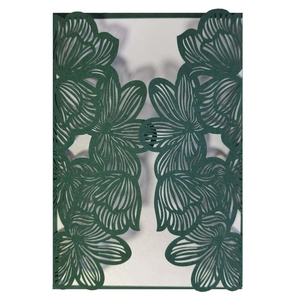 Elegant deep green laser-cut wedding invitation cover with symmetrical floral pattern