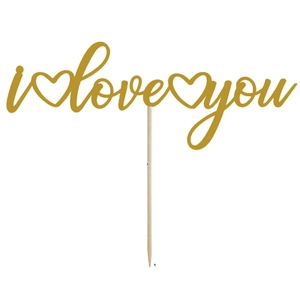 Décoration de gâteau 'I love you' en or miroir avec bâton en bois pour la Saint-Valentin