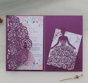 Detail of laser cut rose hollow pattern on purple Quinceañera wedding invitation card