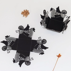 Detailed laser-cut black paper candy box with angel design for wedding parties