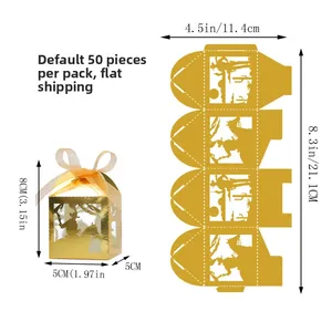 Flat view and 3D assembly of laser-cut cowboy candy box with dimensions and 50pcs per pack