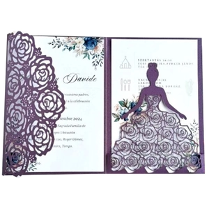 Detail of laser-cut floral invitation with purple hollow rose cover and inner card