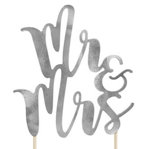 Silver mirror finish Mr & Mrs cake topper with dual wooden sticks for wedding cakes