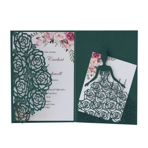 Laser cut rose hollow wedding invitation in forest green with floral inner card set