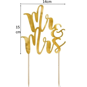 Mirror gold Mr & Mrs wedding cake topper with wooden sticks, 14cm width by 15cm height