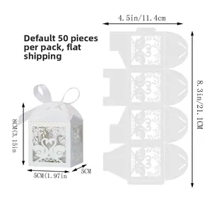 White laser cut swan favor box with ribbon detail and 50 pieces per pack measurements