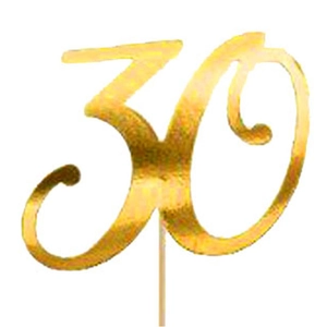 Golden mirror finish number 30 cake topper with wooden stick for birthday party decoration