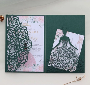 Detail of dark green laser-cut rose invitation card with floral girl inner card