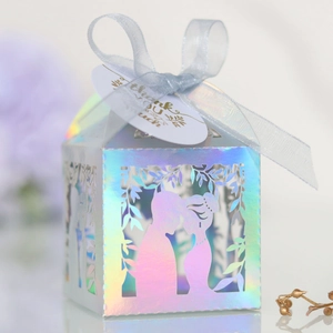 Détail boîte cadeau holographique découpée au laser avec silhouette et ruban