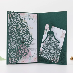 Macro view of laser-cut rose patterns on elegant dark green invitation cardstock