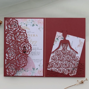 Detailed laser-cut burgundy rose wedding invitation with floral printed inner card