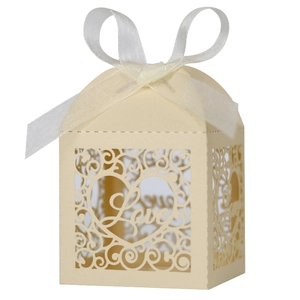 Detailed laser-cut pearl paper wedding candy box with Love heart design and white ribbon