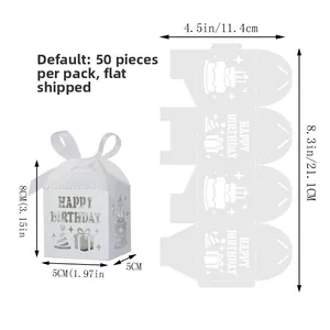 Detailed laser-cut white Happy Birthday candy box with 5x5x8cm assembled dimensions