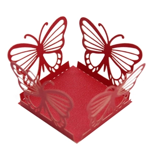 Detailed laser-cut wedding favor box featuring intricate red paper butterfly hollow patterns
