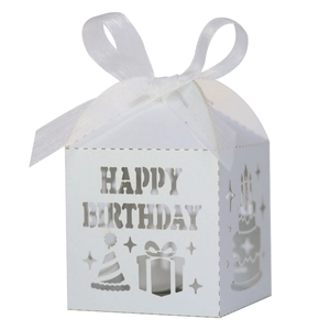 Laser cut white paper gift box with Happy Birthday lettering and silk bow detail