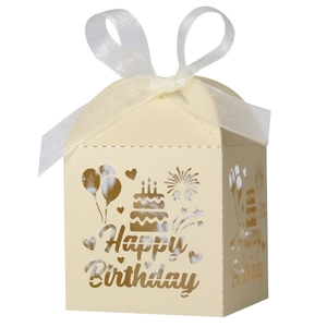 Boîte à bonbons découpée au laser avec motif Happy Birthday et ruban blanc