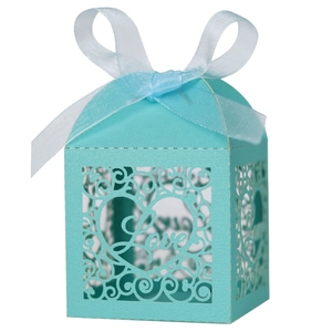 Detailed laser-cut light blue candy box featuring Love heart pattern and satin ribbon bow